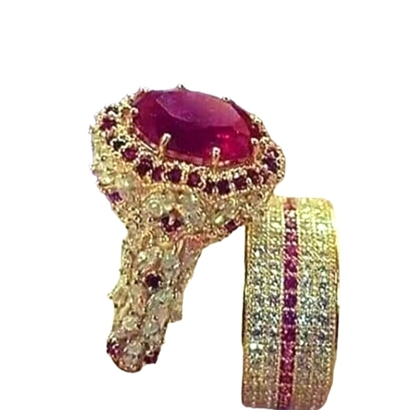 Engagement set gold tone , red stone wedding 8 band and en… - Picture 2 of 5